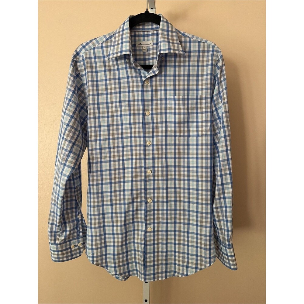 PETER MILLAR Long Sleeve Plaid Button Up White Blue Checkered S Preppy Summer